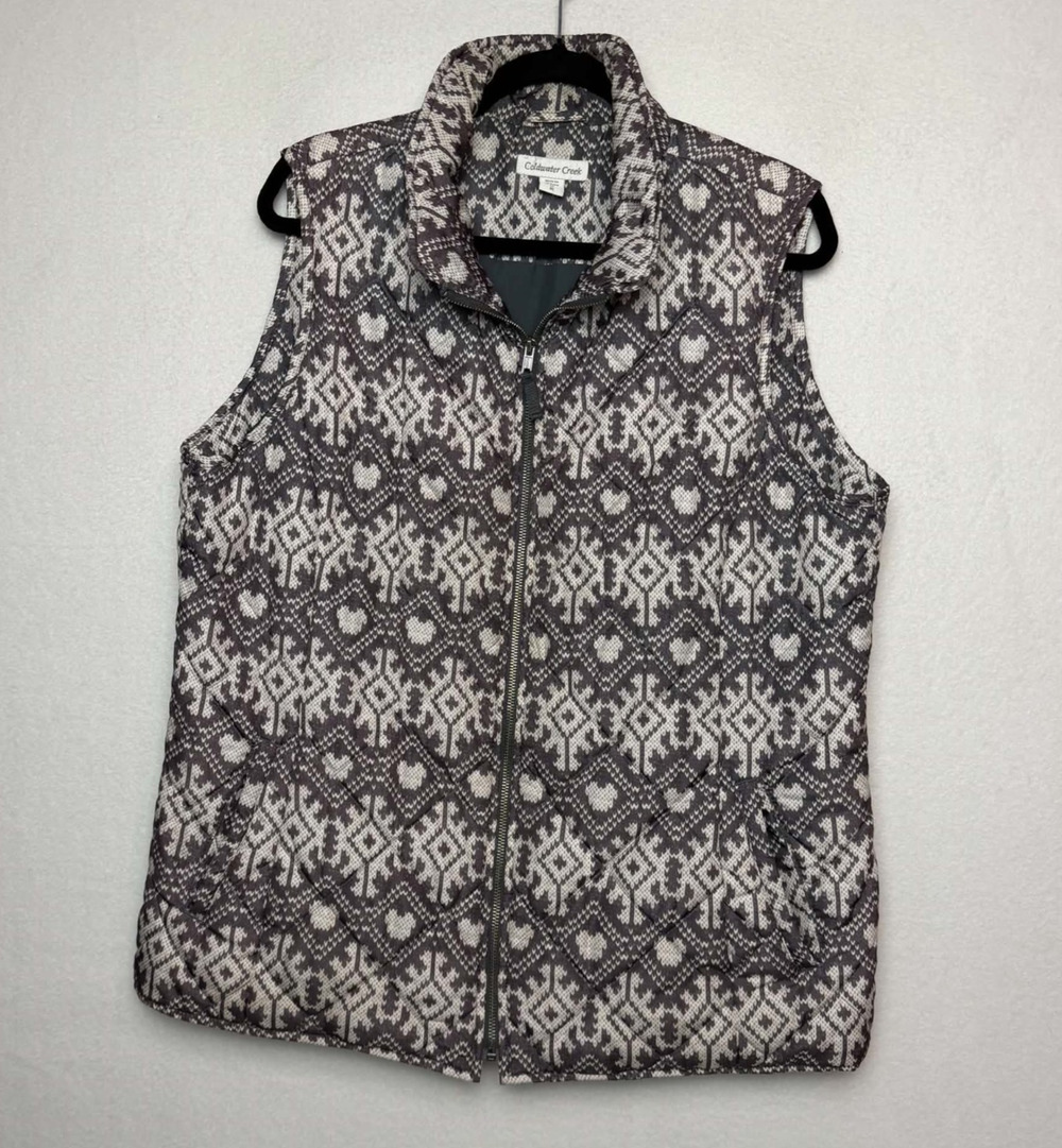 Coldwater Creek Gray White Quilted Puffer Vest Nordic Snowflake Fair Isle Sz 1X